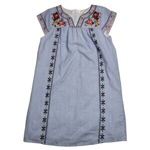 THML Knee Length Embroidered Striped Floral Cap Sleeve Shift Dress Blue Red XS